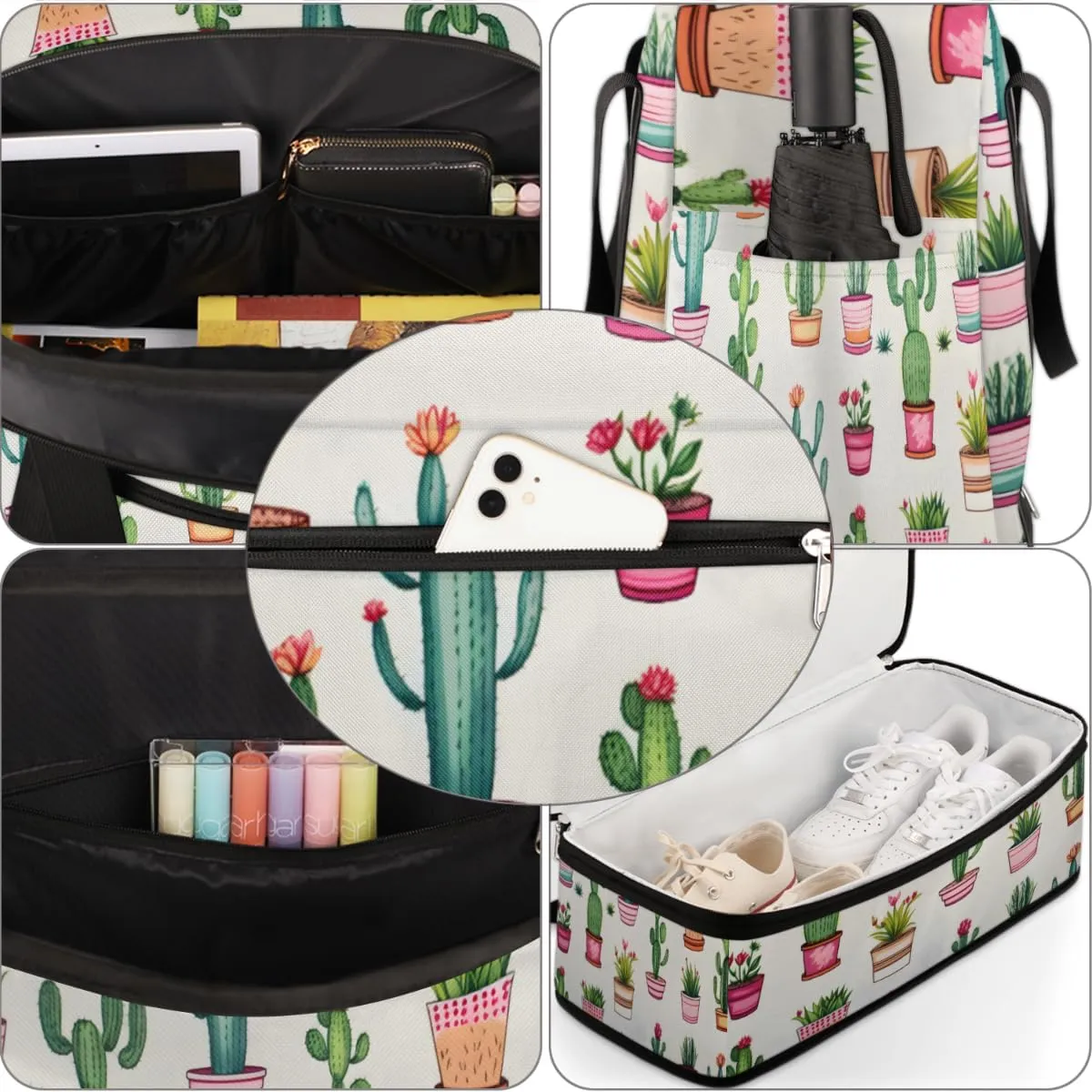 Cactus Plants Foldable Duffle Bag with Shoes Compartment Large Capacity Waterproof Travel Weekender Bag Overnight Bag for Sports Gym