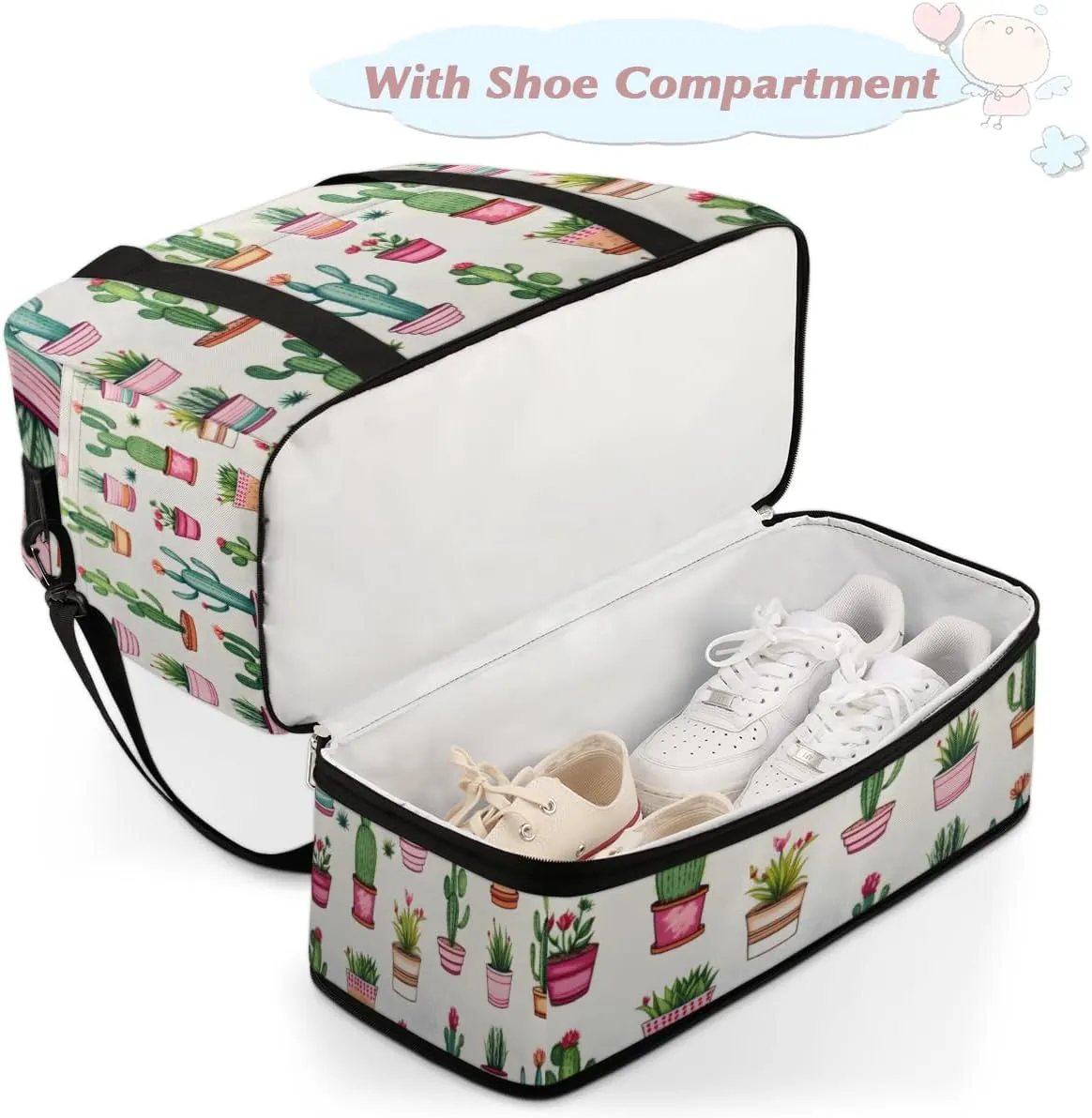 Cactus Plants Foldable Duffle Bag with Shoes Compartment Large Capacity Waterproof Travel Weekender Bag Overnight Bag for Sports Gym