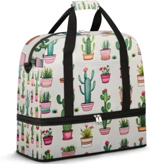 Cactus Plants Foldable Duffle Bag with Shoes Compartment Large Capacity Waterproof Travel Weekender Bag Overnight Bag for Sports Gym