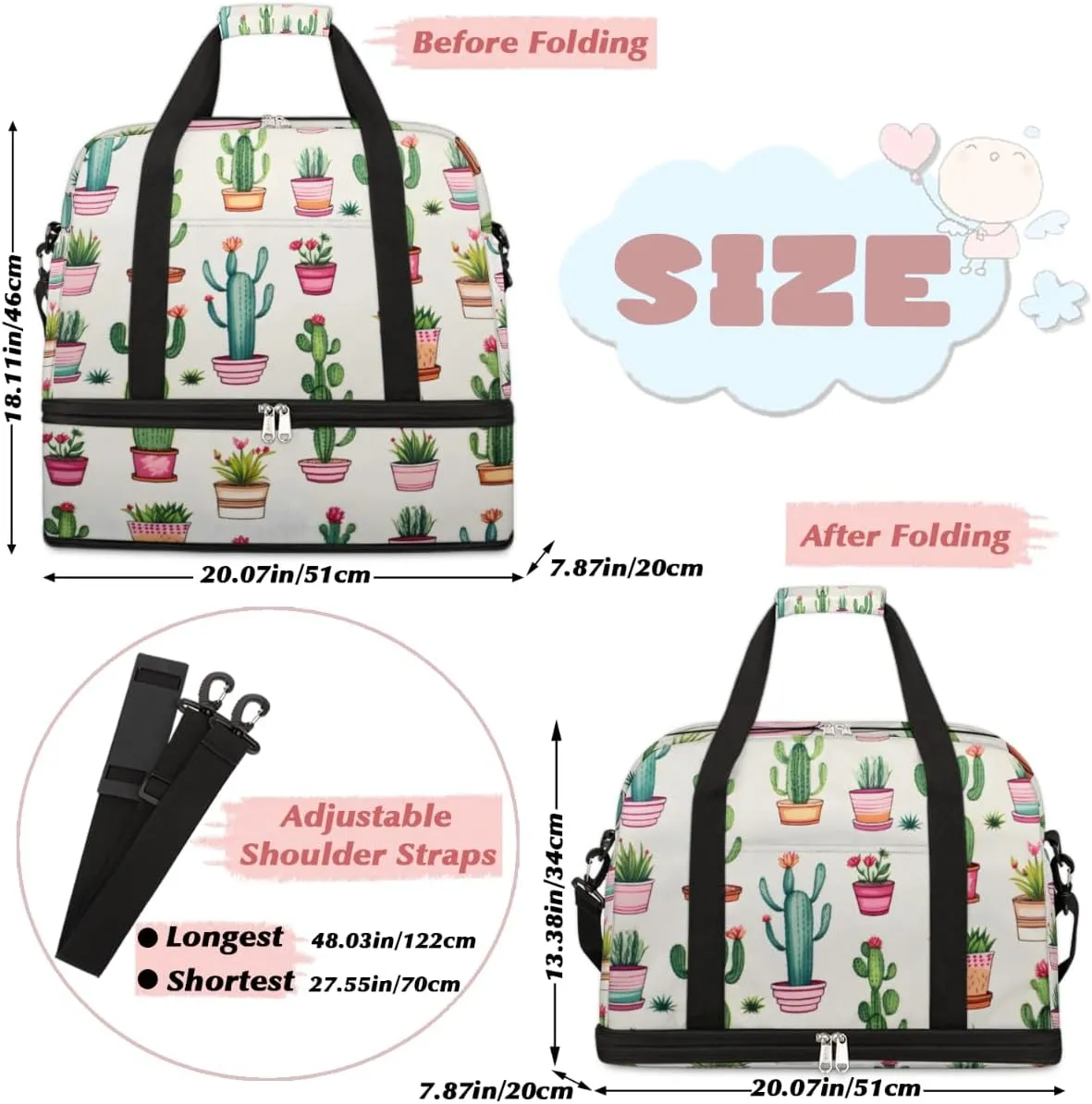 Cactus Plants Foldable Duffle Bag with Shoes Compartment Large Capacity Waterproof Travel Weekender Bag Overnight Bag for Sports Gym