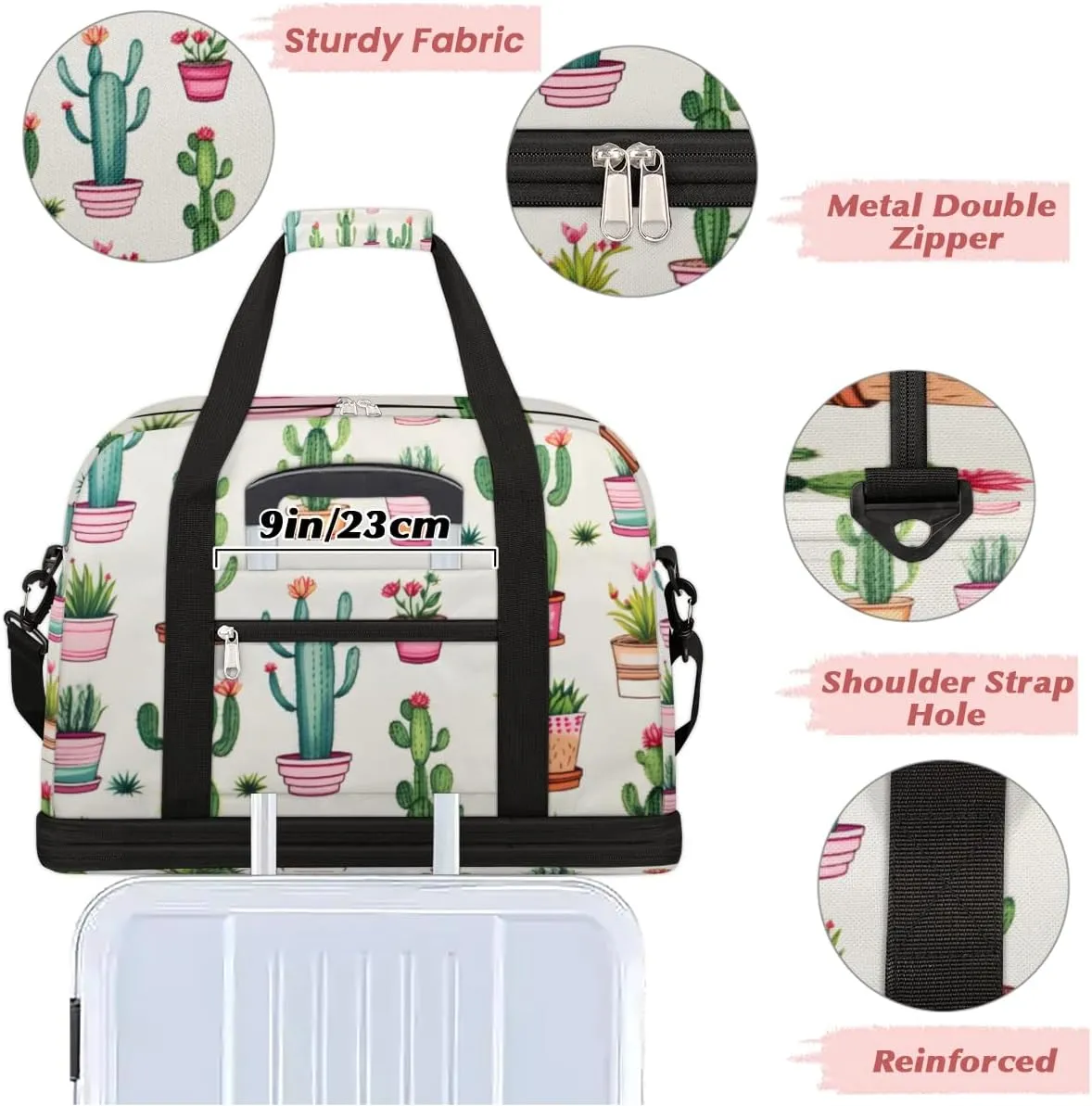 Cactus Plants Foldable Duffle Bag with Shoes Compartment Large Capacity Waterproof Travel Weekender Bag Overnight Bag for Sports Gym