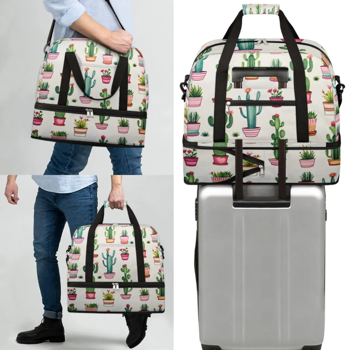Cactus Plants Foldable Duffle Bag with Shoes Compartment Large Capacity Waterproof Travel Weekender Bag Overnight Bag for Sports Gym