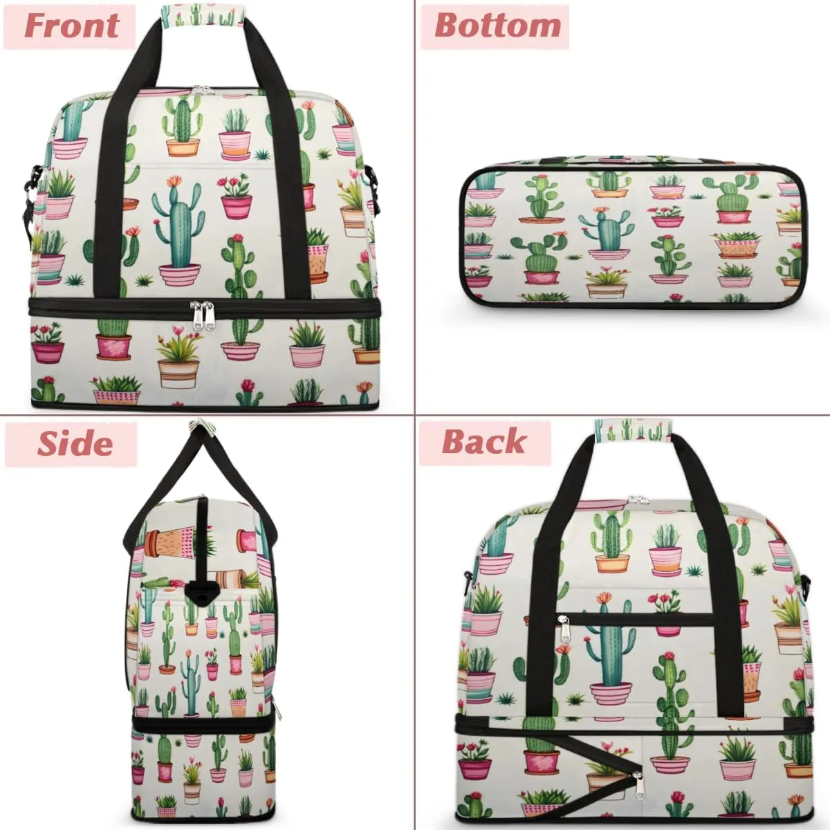 Cactus Plants Foldable Duffle Bag with Shoes Compartment Large Capacity Waterproof Travel Weekender Bag Overnight Bag for Sports Gym