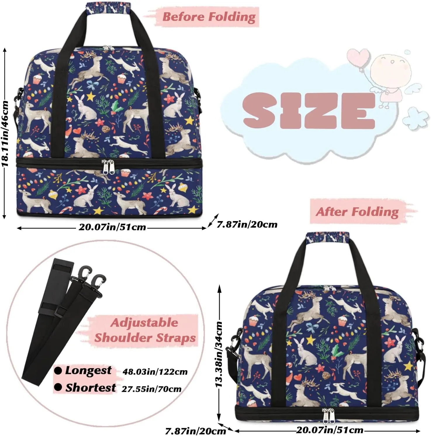 Cake Star Deer Sports Gym Bag with Shoes Compartment Foldable Travel Duffel Bag Dry Wet Separated Sports Tote Workout Weekender Overnight Bag for Women Yoga Dance Work Training Handbag