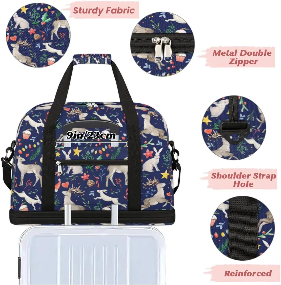 Cake Star Deer Sports Gym Bag with Shoes Compartment Foldable Travel Duffel Bag Dry Wet Separated Sports Tote Workout Weekender Overnight Bag for Women Yoga Dance Work Training Handbag