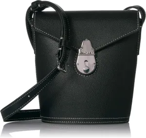 Calvin Klein Statement Series Lock Daytonna Leather Mini Bucket Crossbody Bag, Black/Silver