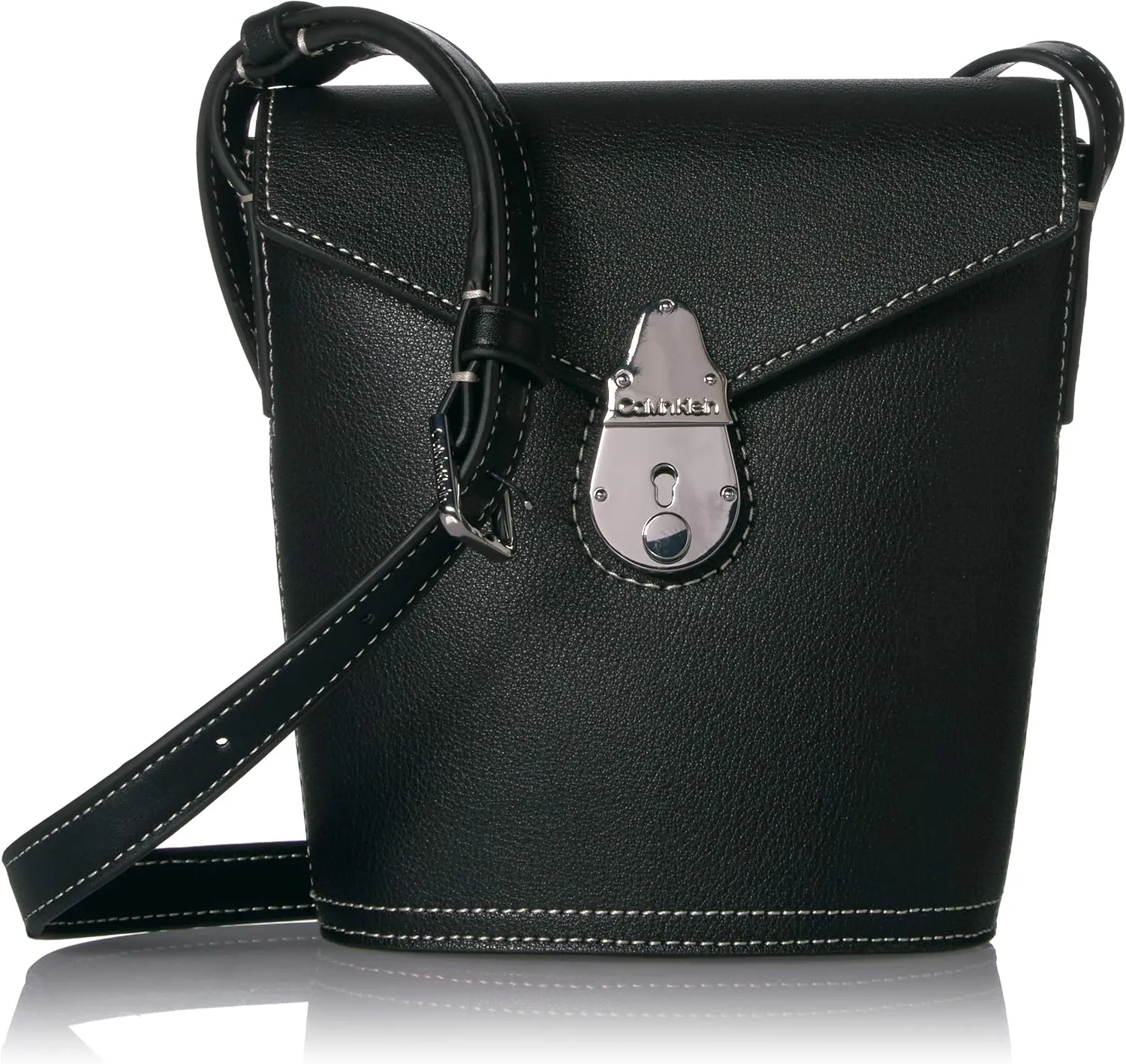 Calvin Klein Statement Series Lock Daytonna Leather Mini Bucket Crossbody Bag, Black/Silver