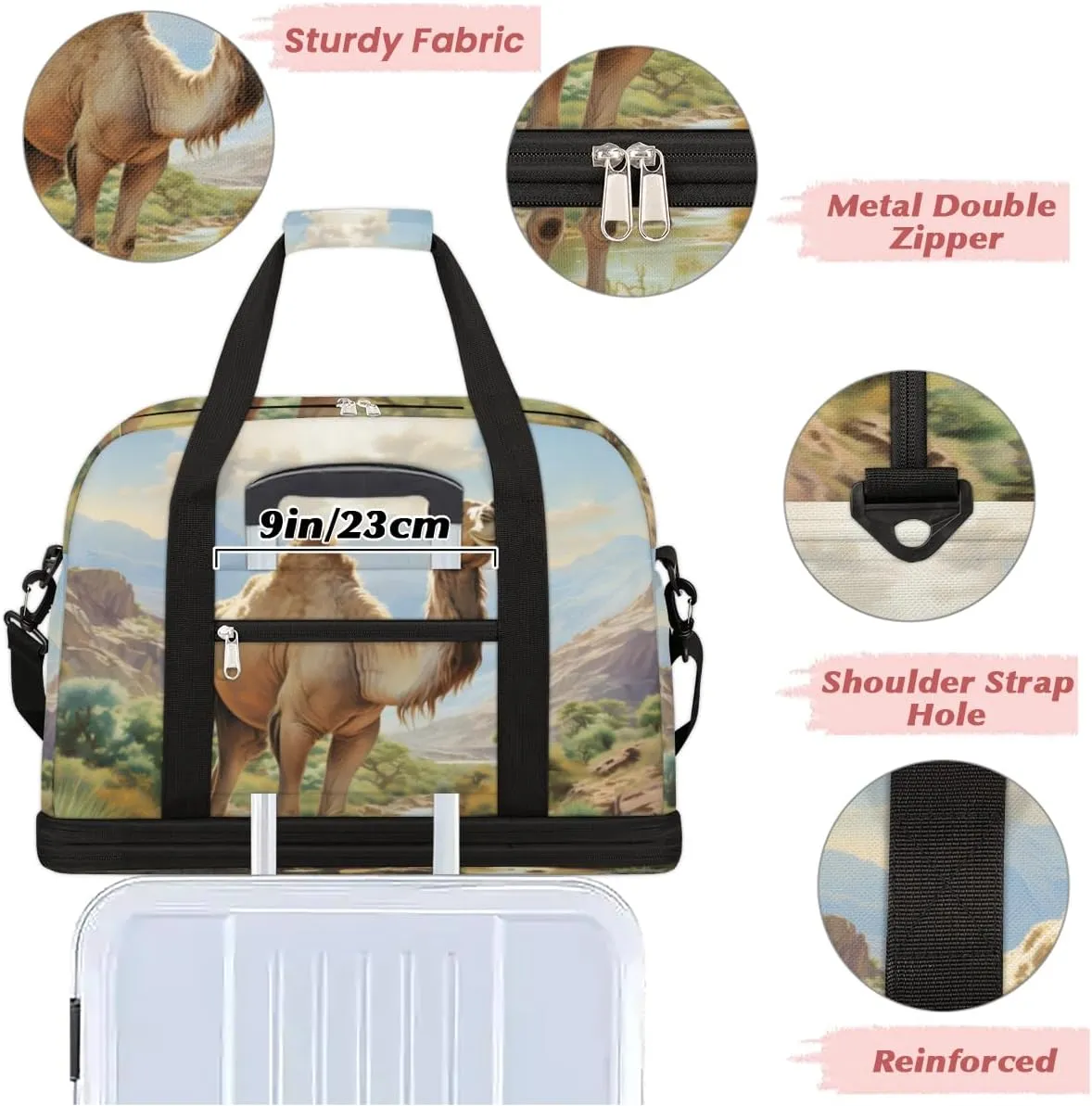 Camel Pattern Foldable Travel Duffel Bag Overnight Weekender Bag with Shoes Compartment Sports Gym Bag for Men Women