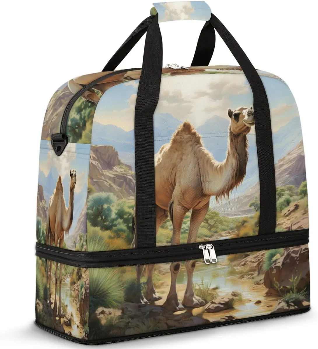 Camel Pattern Foldable Travel Duffel Bag Overnight Weekender Bag with Shoes Compartment Sports Gym Bag for Men Women