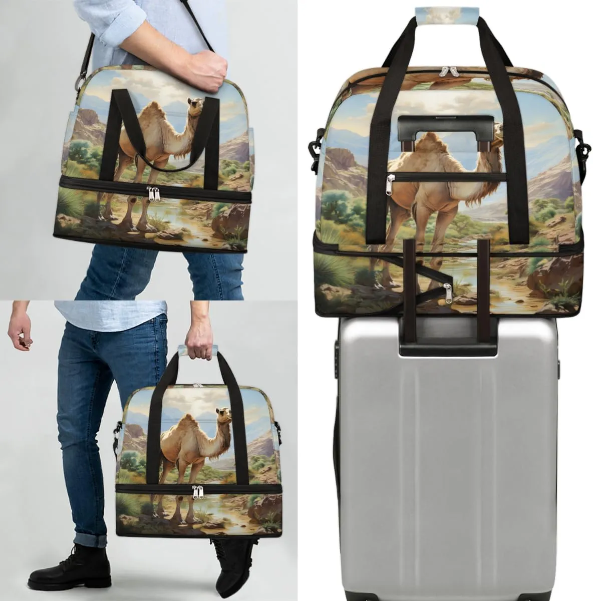 Camel Pattern Foldable Travel Duffel Bag Overnight Weekender Bag with Shoes Compartment Sports Gym Bag for Men Women
