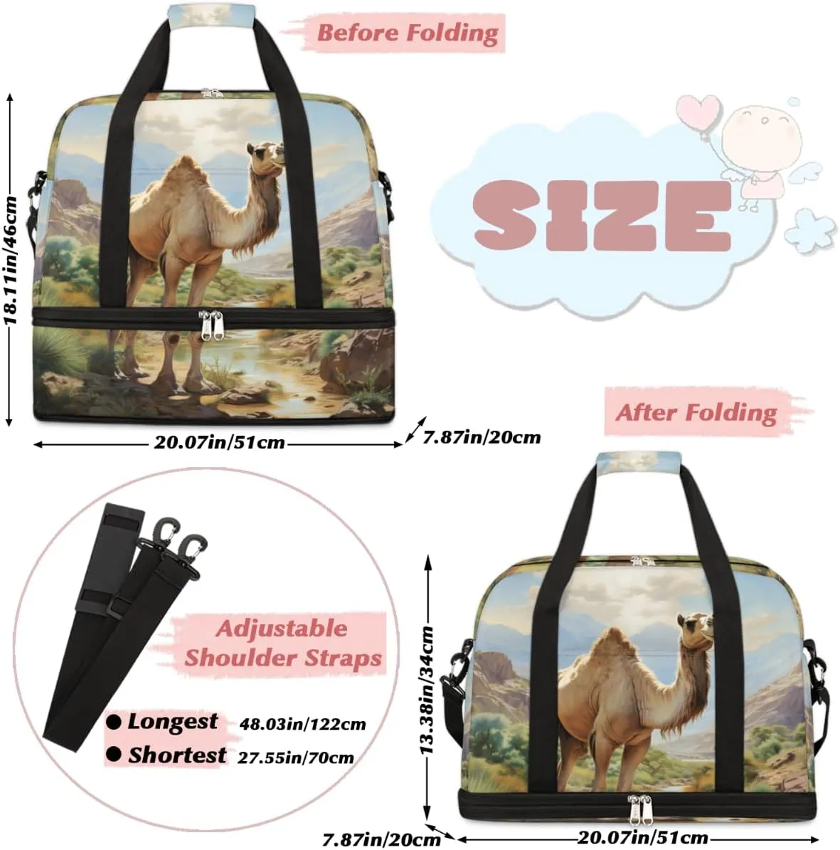 Camel Pattern Foldable Travel Duffel Bag Overnight Weekender Bag with Shoes Compartment Sports Gym Bag for Men Women