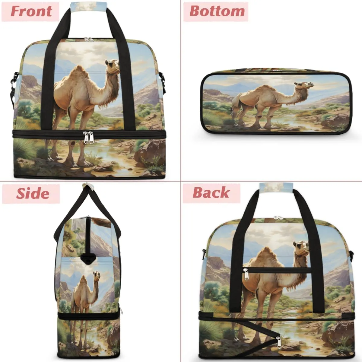 Camel Pattern Foldable Travel Duffel Bag Overnight Weekender Bag with Shoes Compartment Sports Gym Bag for Men Women