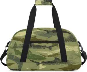 Camouflage Shark Gym Duffel Bag for Men Women Retro Pattern Sports Tote Bag with Adjustable Shoulder Strap for Dance Gymnastics Traveling Outdoor Camping Overnight Stay