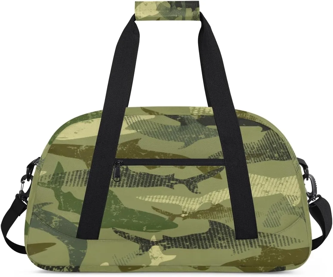 Camouflage Shark Gym Duffel Bag for Men Women Retro Pattern Sports Tote Bag with Adjustable Shoulder Strap for Dance Gymnastics Traveling Outdoor Camping Overnight Stay