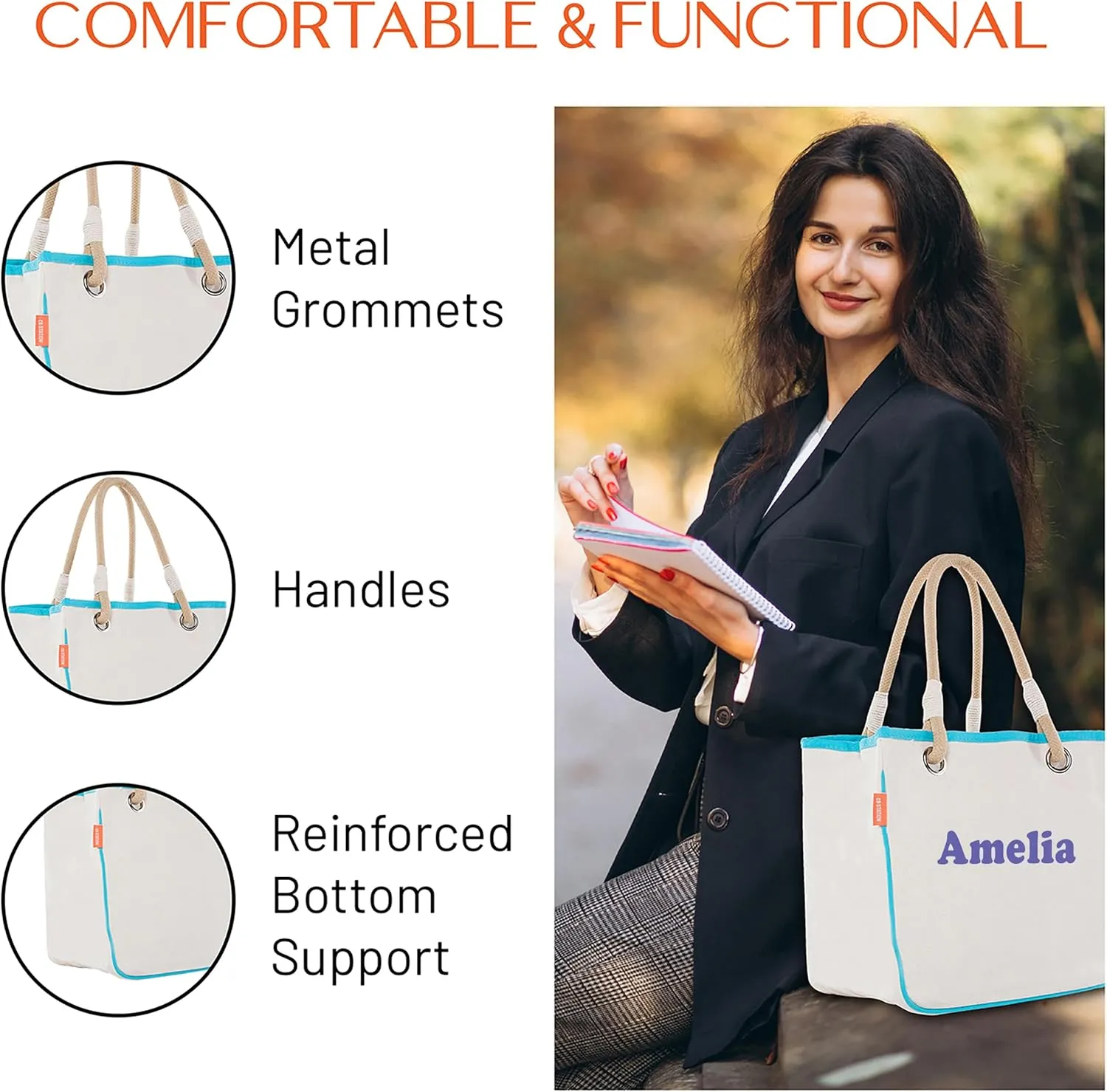 Canvas Rope Handle Tote Bag For Women - Metal Grommets - Perfect For Traveling, Groceries