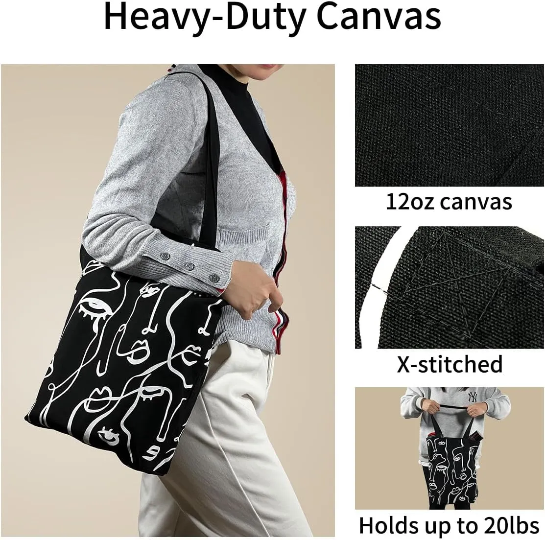 Canvas Tote Bag for Women, Aesthetic Tote Bag with Zipper Pocket for Grocery Travel Work Gift, Canvas Shopping Bag