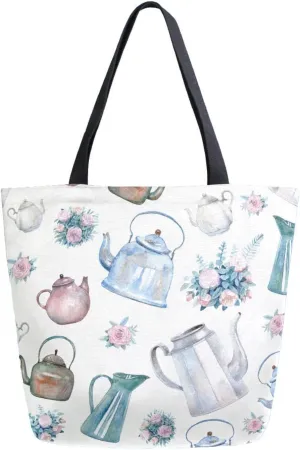 Canvas Tote Bag Spring Vintage Kettles Flowers Women Shoulder Bag Watercolor Teapots Bouquets Reusable Grocery Bags Large Handbag Travel Shopping Bag for School Nursing Gift Outdoors