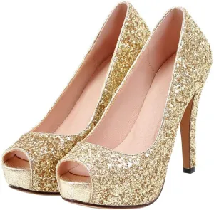 Caradise Womens Platform Peep Toe Glitter Pumps High Stiletto Heels Wedding Party Shoes
