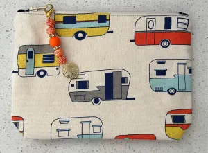 Caravans pouch with boxed bottom - 19cm x 14cm with Zipper Charm