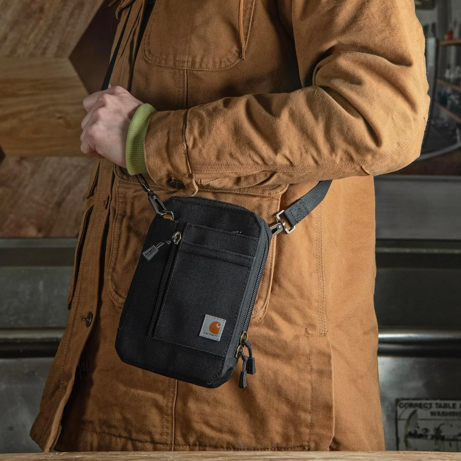 Carhartt Water Resistant Nylon Duck Crossbody Wallet W/Adjustable Strap and Zipper Closure, Black, One Size