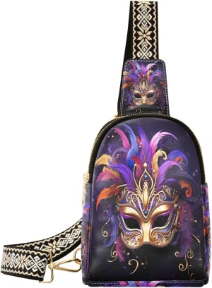 Carnival Mask Small Sling Bag for Women Pu Leather Crossbody Bag Casual Chest Bag with Adjustable Shoulder for Travel Shopping