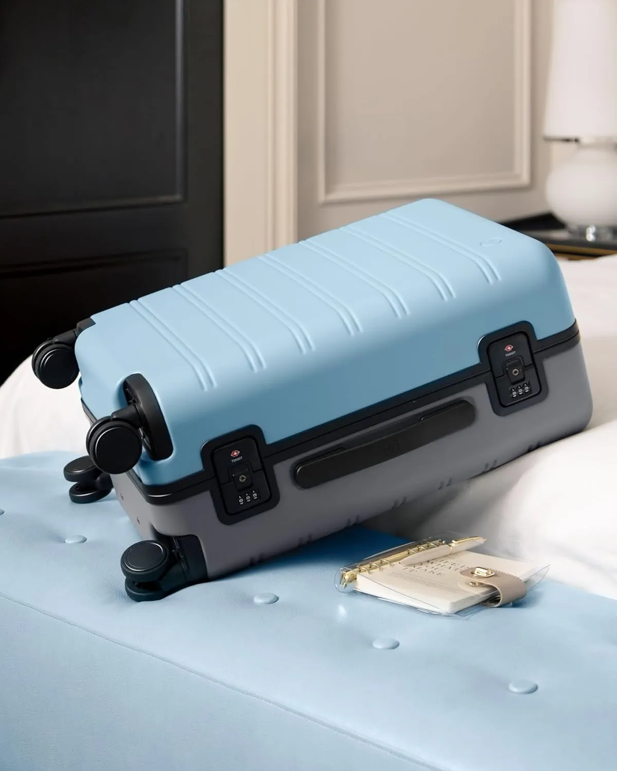Carry on Luggage 22x14x9 Airline Approved, Hard Shell Suitcase with Spinner Wheels, Integrated TSA Lock, Latching System, Grey and Blue, 39L, Manhattan Classic