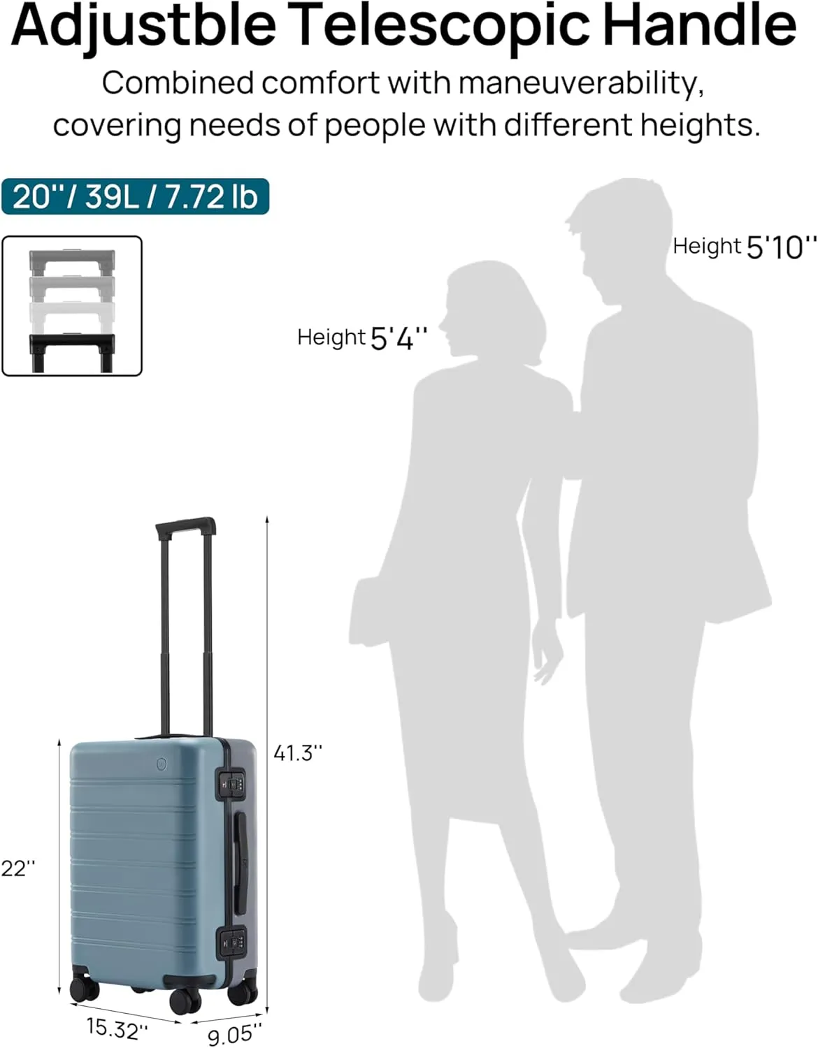 Carry on Luggage 22x14x9 Airline Approved, Hard Shell Suitcase with Spinner Wheels, Integrated TSA Lock, Latching System, Grey and Blue, 39L, Manhattan Classic