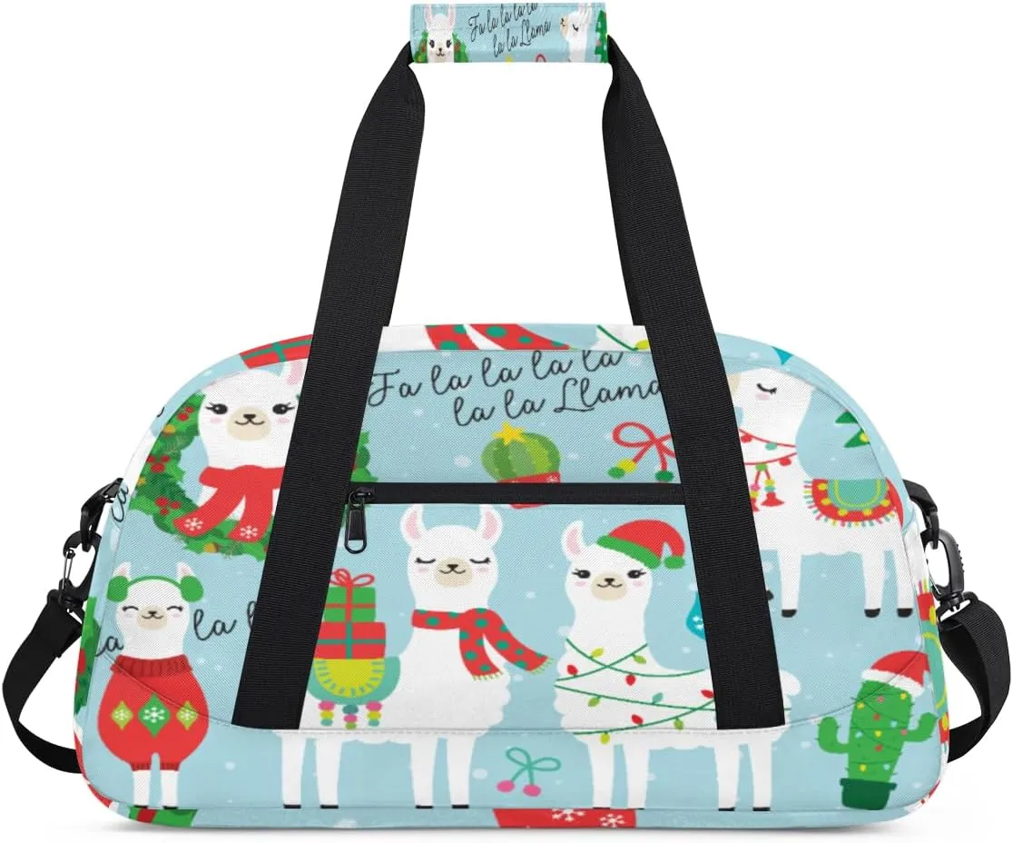 Cartoon Alpaca Gym Duffel Bag for Men Women Christmas Theme Sports Tote Bag with Adjustable Shoulder Strap for Dance Gymnastics Traveling Outdoor Camping Overnight Stay
