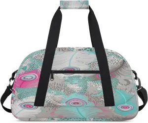 Cartoon Blue Leopard Gym Duffel Bag for Men Women Colorful Feather Sports Tote Bag with Adjustable Shoulder Strap for Dance Gymnastics Traveling Outdoor Camping Overnight Stay