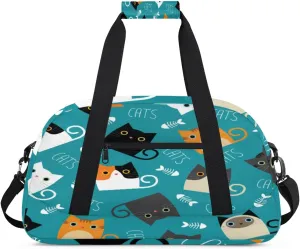 Cartoon Cat Gym Duffel Bag for Men Women Fishbone Sports Tote Bag with Adjustable Shoulder Strap for Dance Gymnastics Traveling Outdoor Camping Overnight Stay