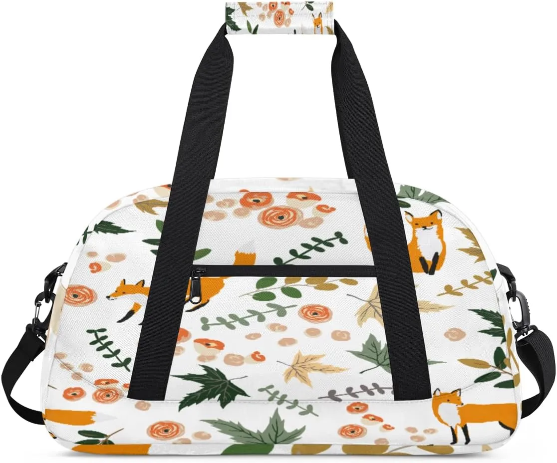 Cartoon Fox Gym Duffel Bag for Men Women Rose Leaves Sports Tote Bag with Adjustable Shoulder Strap for Dance Gymnastics Traveling Outdoor Camping Overnight Stay