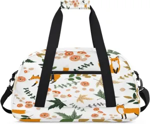 Cartoon Fox Gym Duffel Bag for Men Women Rose Leaves Sports Tote Bag with Adjustable Shoulder Strap for Dance Gymnastics Traveling Outdoor Camping Overnight Stay
