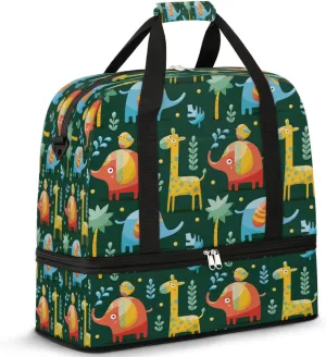 Cartoon Giraffe Bird Sports Gym Bag with Shoes Compartment Foldable Travel Duffel Bag Dry Wet Separated Sports Tote Workout Weekender Overnight Bag for Women Yoga Dance Work Training Handbag
