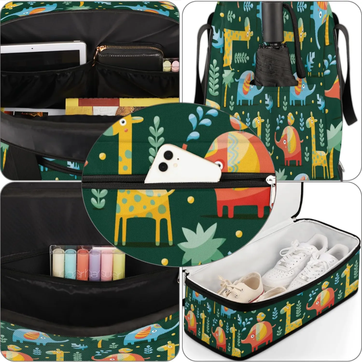 Cartoon Giraffe Bird Sports Gym Bag with Shoes Compartment Foldable Travel Duffel Bag Dry Wet Separated Sports Tote Workout Weekender Overnight Bag for Women Yoga Dance Work Training Handbag
