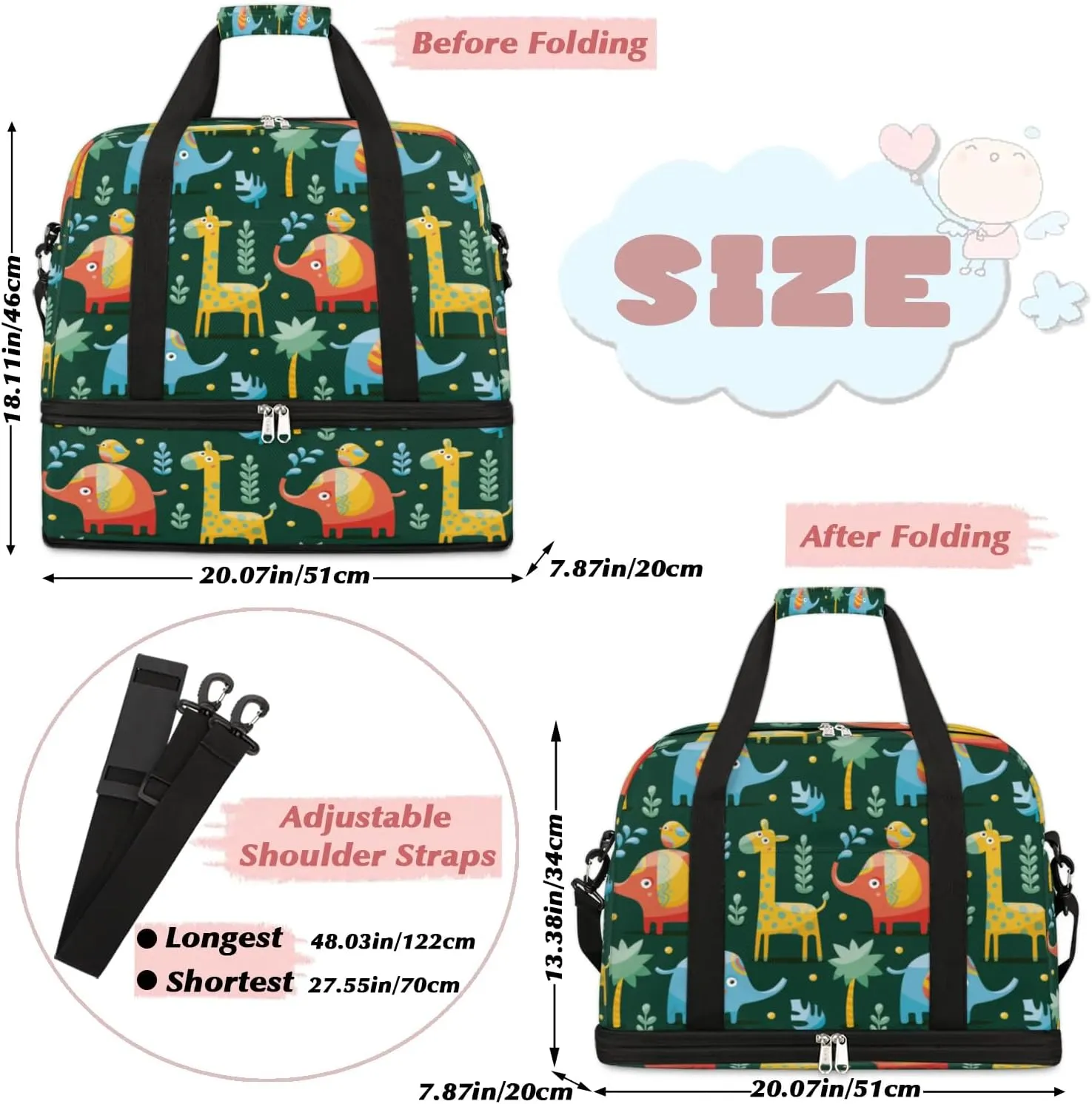 Cartoon Giraffe Bird Sports Gym Bag with Shoes Compartment Foldable Travel Duffel Bag Dry Wet Separated Sports Tote Workout Weekender Overnight Bag for Women Yoga Dance Work Training Handbag