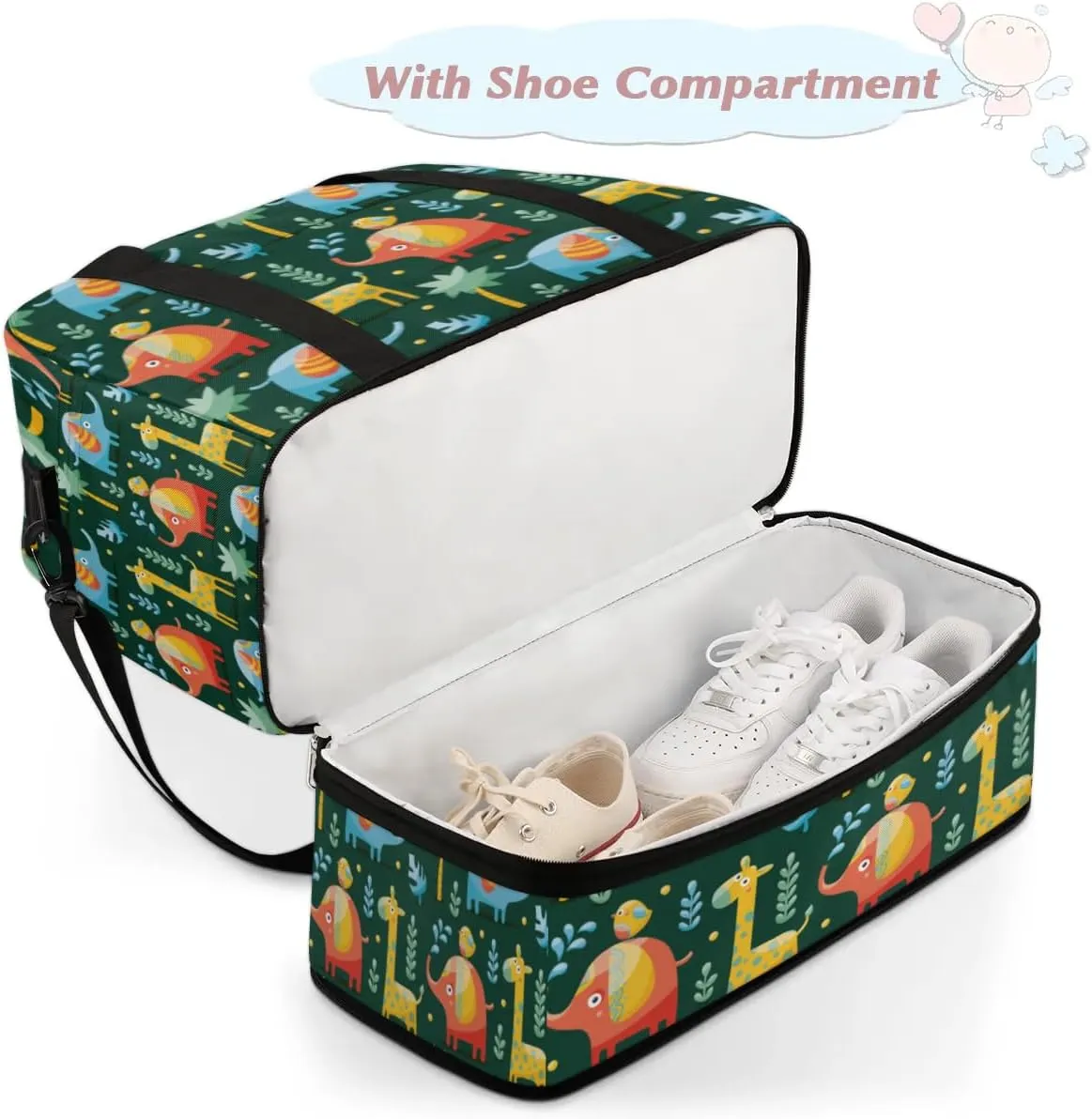 Cartoon Giraffe Bird Sports Gym Bag with Shoes Compartment Foldable Travel Duffel Bag Dry Wet Separated Sports Tote Workout Weekender Overnight Bag for Women Yoga Dance Work Training Handbag