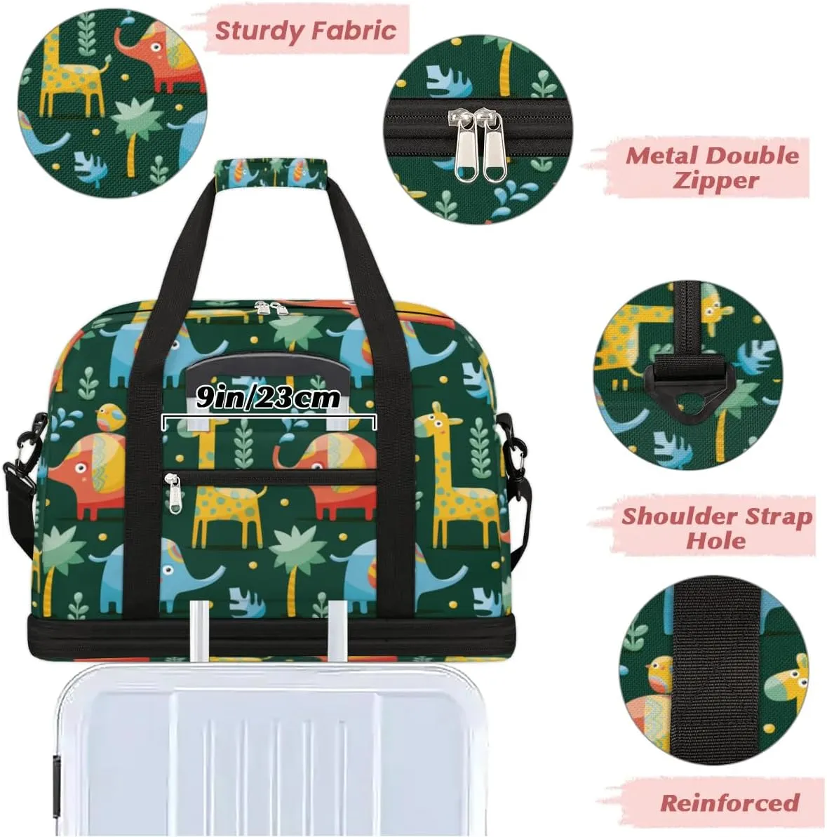 Cartoon Giraffe Bird Sports Gym Bag with Shoes Compartment Foldable Travel Duffel Bag Dry Wet Separated Sports Tote Workout Weekender Overnight Bag for Women Yoga Dance Work Training Handbag
