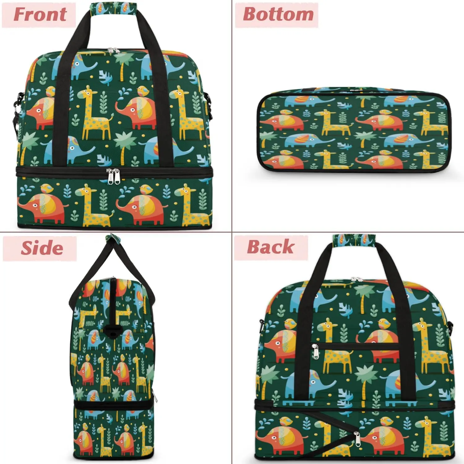 Cartoon Giraffe Bird Sports Gym Bag with Shoes Compartment Foldable Travel Duffel Bag Dry Wet Separated Sports Tote Workout Weekender Overnight Bag for Women Yoga Dance Work Training Handbag
