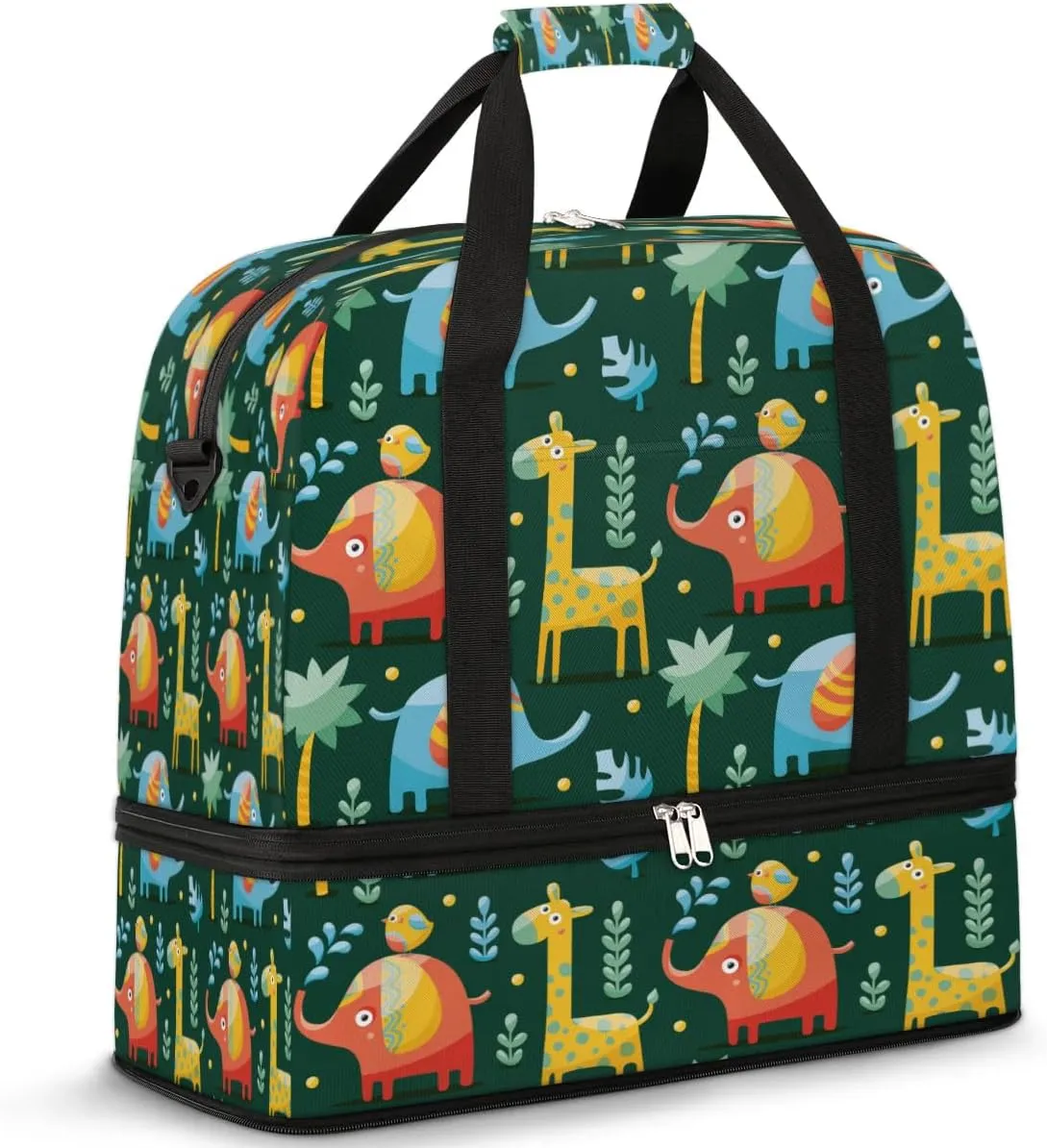 Cartoon Giraffe Bird Sports Gym Bag with Shoes Compartment Foldable Travel Duffel Bag Dry Wet Separated Sports Tote Workout Weekender Overnight Bag for Women Yoga Dance Work Training Handbag