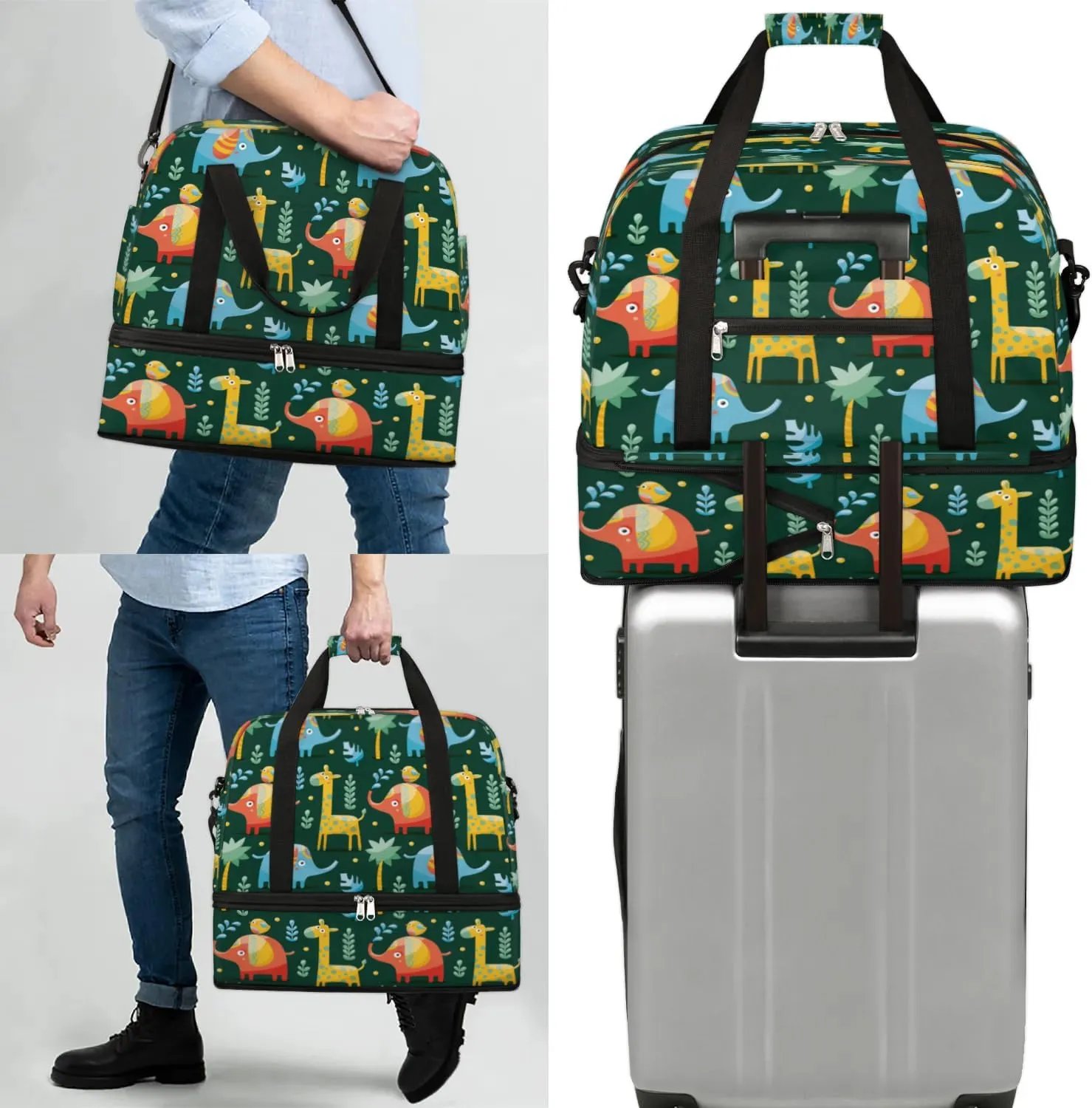 Cartoon Giraffe Bird Sports Gym Bag with Shoes Compartment Foldable Travel Duffel Bag Dry Wet Separated Sports Tote Workout Weekender Overnight Bag for Women Yoga Dance Work Training Handbag