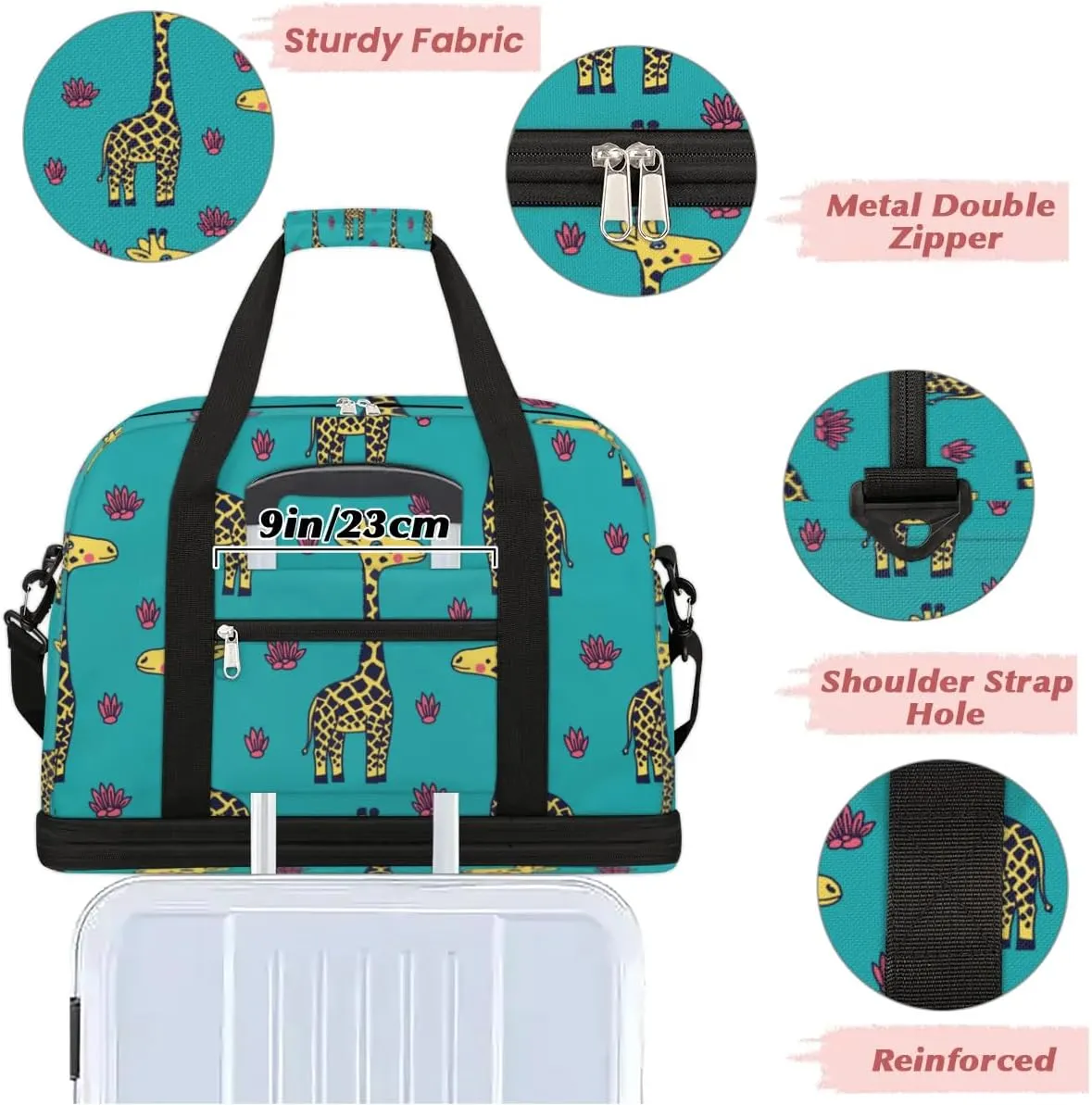 Cartoon Giraffe Pattern Sports Gym Bag with Shoes Compartment Foldable Travel Duffel Bag Dry Wet Separated Sports Tote Workout Weekender Overnight Bag for Women Yoga Dance Work Training Handbag