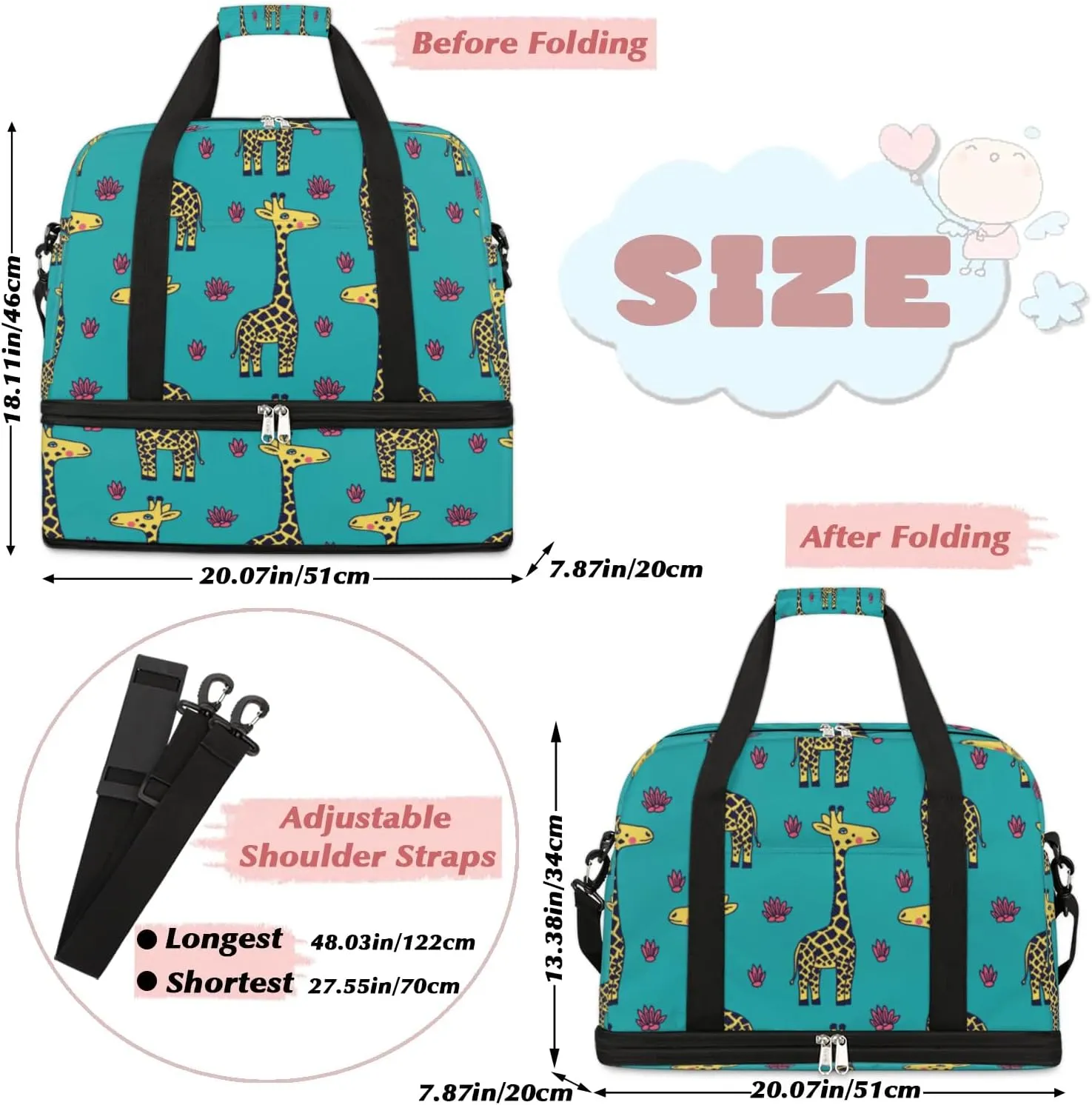 Cartoon Giraffe Pattern Sports Gym Bag with Shoes Compartment Foldable Travel Duffel Bag Dry Wet Separated Sports Tote Workout Weekender Overnight Bag for Women Yoga Dance Work Training Handbag