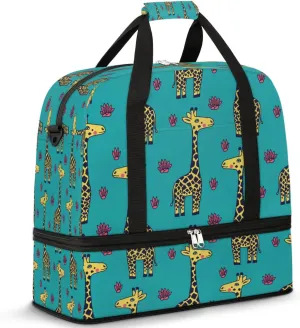 Cartoon Giraffe Pattern Sports Gym Bag with Shoes Compartment Foldable Travel Duffel Bag Dry Wet Separated Sports Tote Workout Weekender Overnight Bag for Women Yoga Dance Work Training Handbag