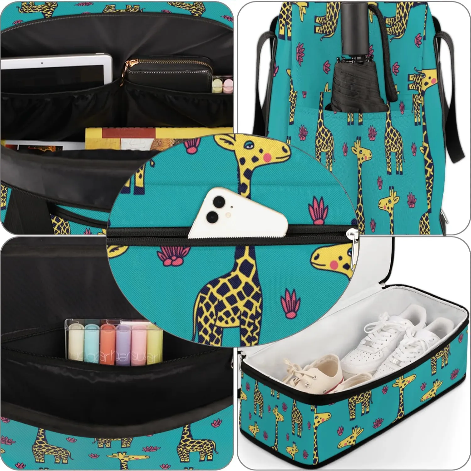 Cartoon Giraffe Pattern Sports Gym Bag with Shoes Compartment Foldable Travel Duffel Bag Dry Wet Separated Sports Tote Workout Weekender Overnight Bag for Women Yoga Dance Work Training Handbag