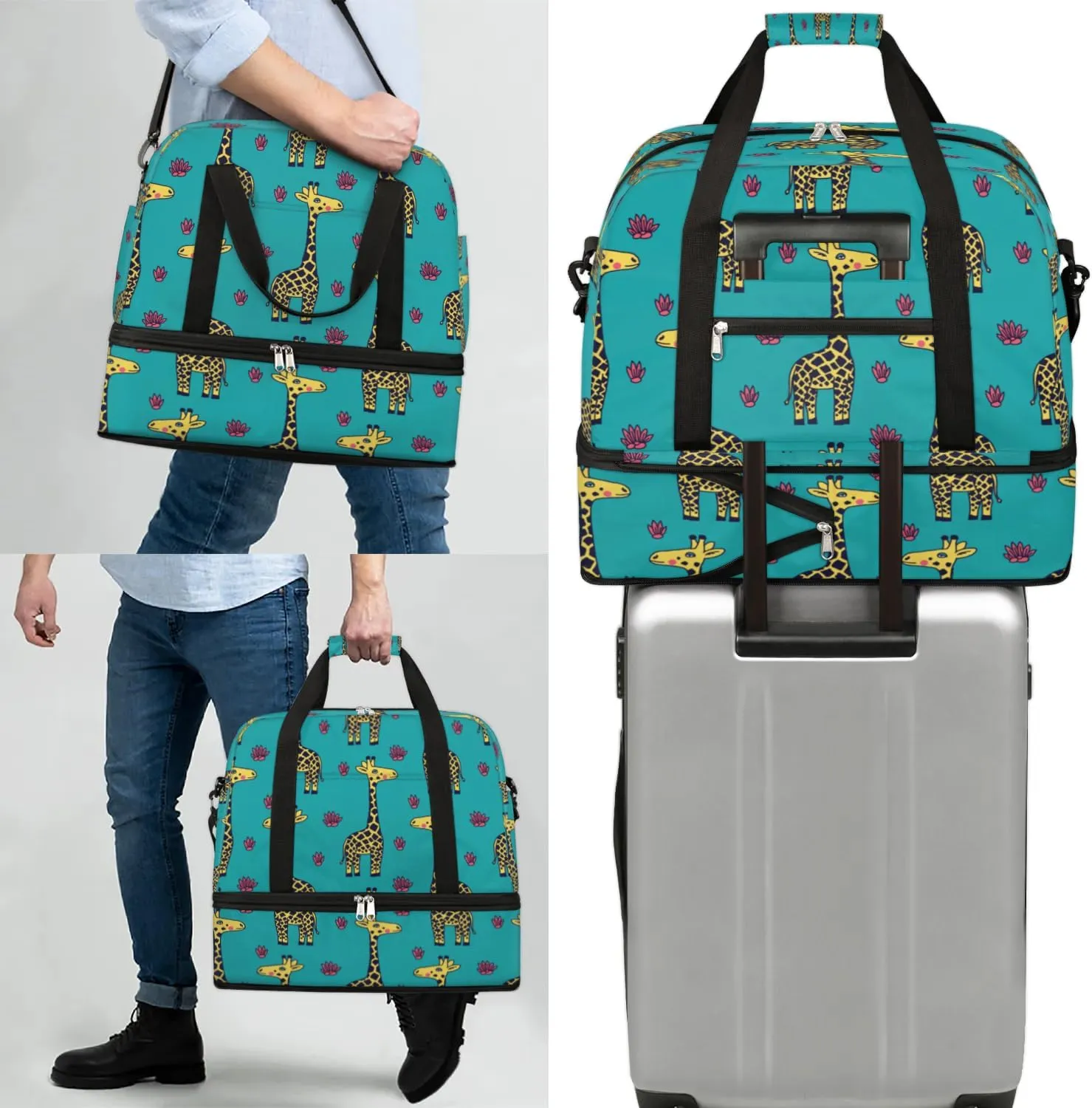 Cartoon Giraffe Pattern Sports Gym Bag with Shoes Compartment Foldable Travel Duffel Bag Dry Wet Separated Sports Tote Workout Weekender Overnight Bag for Women Yoga Dance Work Training Handbag