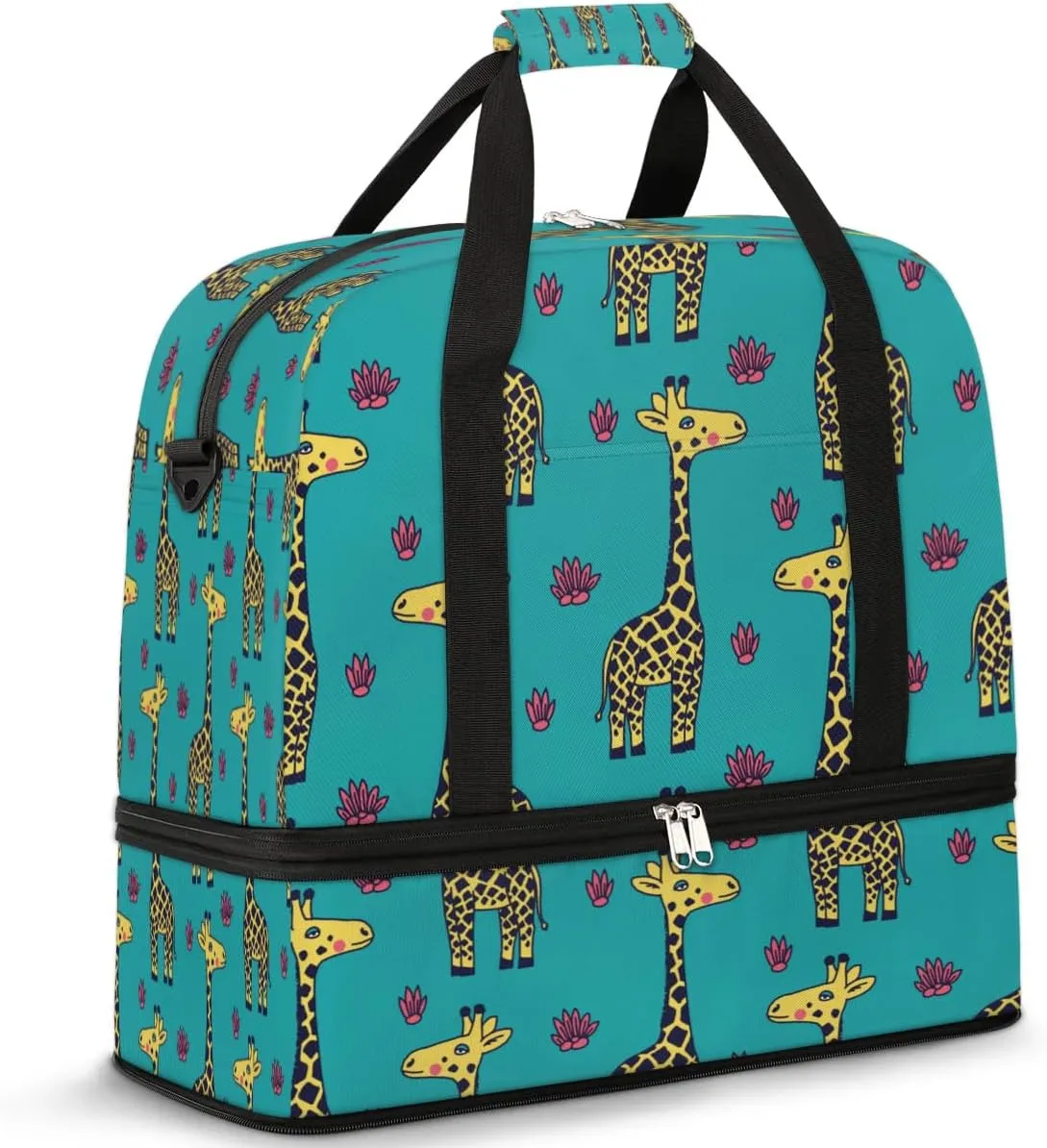 Cartoon Giraffe Pattern Sports Gym Bag with Shoes Compartment Foldable Travel Duffel Bag Dry Wet Separated Sports Tote Workout Weekender Overnight Bag for Women Yoga Dance Work Training Handbag