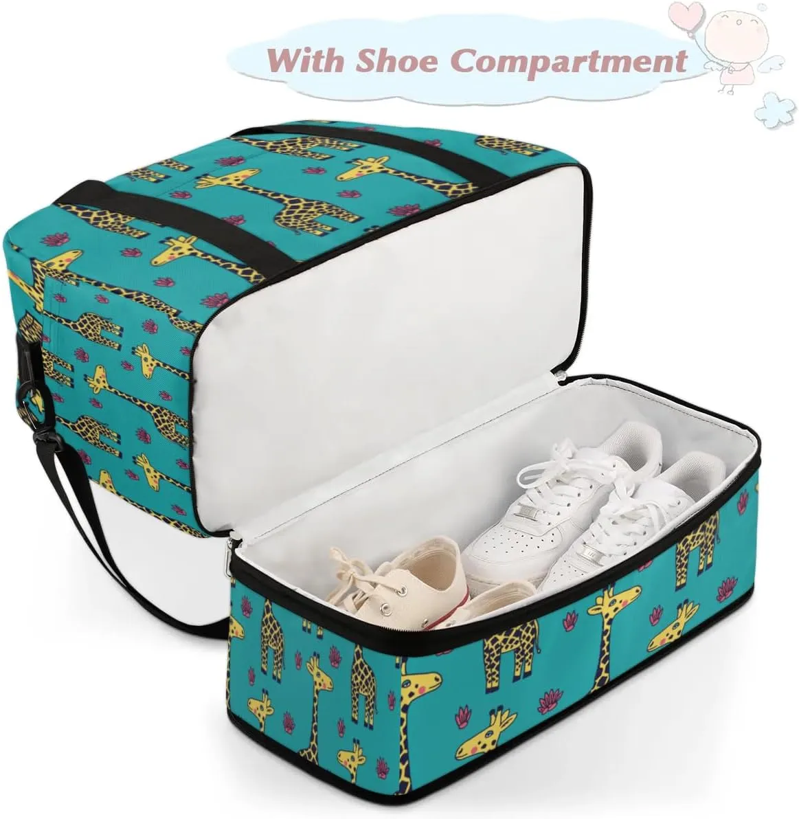 Cartoon Giraffe Pattern Sports Gym Bag with Shoes Compartment Foldable Travel Duffel Bag Dry Wet Separated Sports Tote Workout Weekender Overnight Bag for Women Yoga Dance Work Training Handbag
