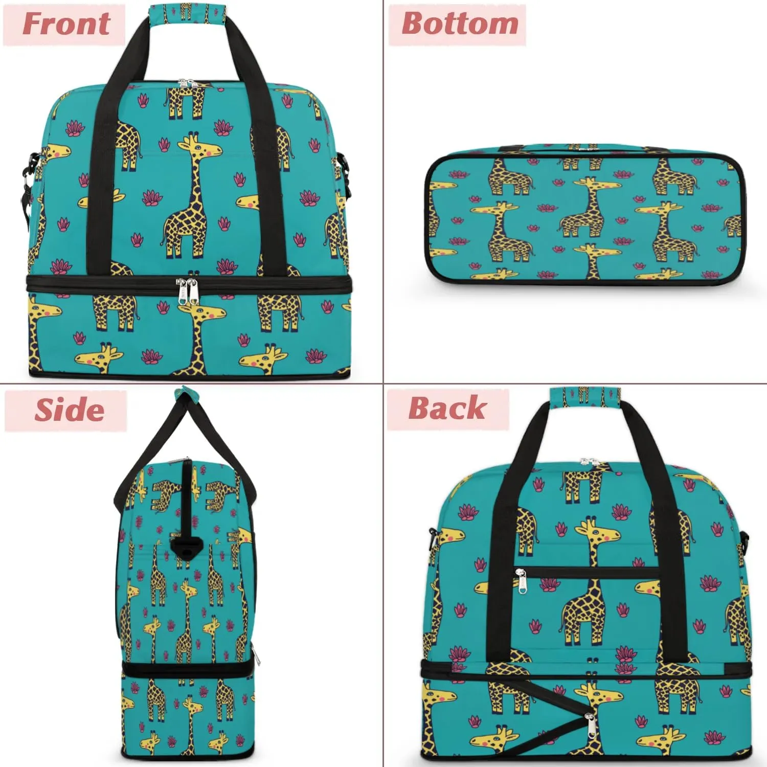 Cartoon Giraffe Pattern Sports Gym Bag with Shoes Compartment Foldable Travel Duffel Bag Dry Wet Separated Sports Tote Workout Weekender Overnight Bag for Women Yoga Dance Work Training Handbag