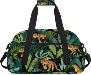 Cartoon Leopard Gym Duffel Bag for Men Women Tropical Plants Foliage Sports Tote Bag with Adjustable Shoulder Strap for Dance Gymnastics Traveling Outdoor Camping Overnight Stay