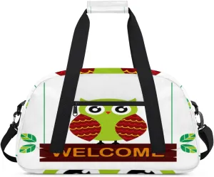 Cartoon Owl Gym Duffel Bag for Men Women Owl Welcome Sports Tote Bag with Adjustable Shoulder Strap for Dance Gymnastics Traveling Outdoor Camping Overnight Stay